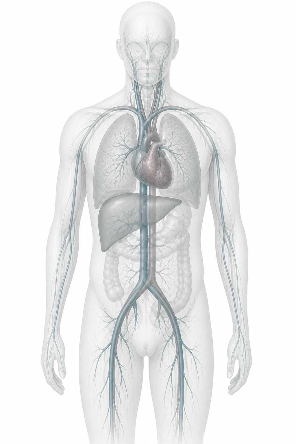 Modelo anatómico frontal con pulmones, corazón, hígado, vena cava, aorta y vasos principales